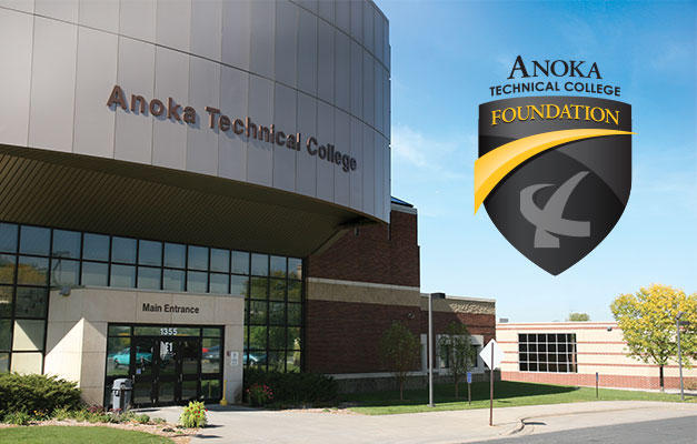A View of the Entrance of Anoka Technical College with the Logo in the Corner. 