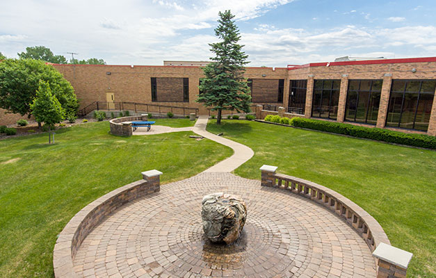 View of the Courtyard at Anoka Technical College in the Summertime. 
