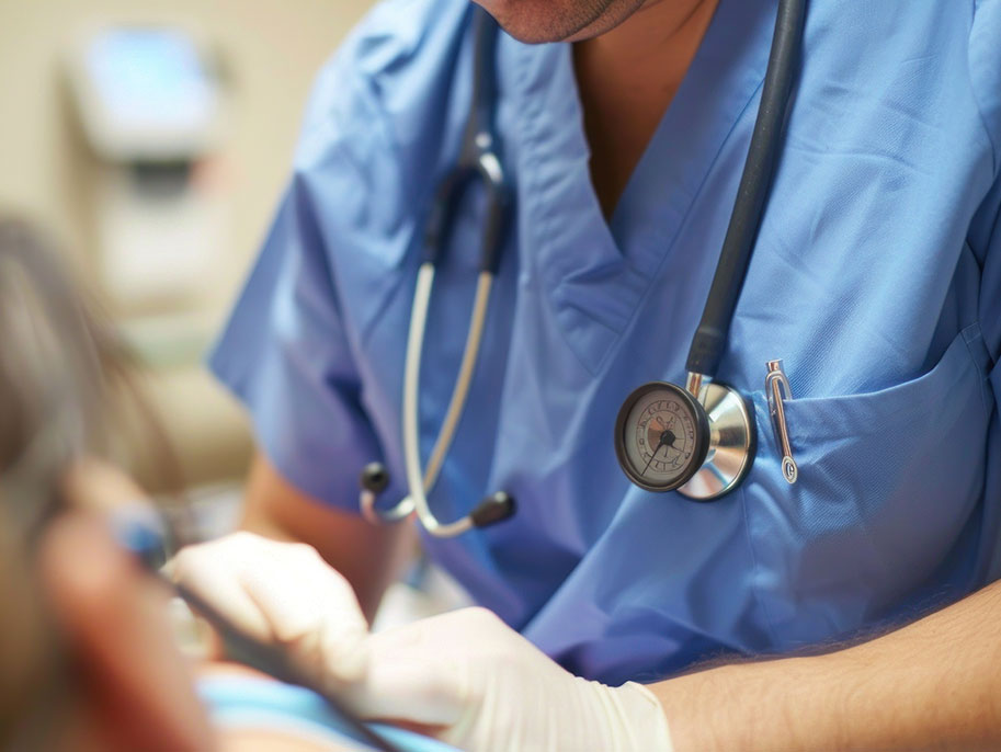 Healthcare professional providing patient care with a stethoscope in a clinical environment.